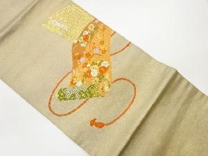 リサイクル　巻物に草花・亀甲模様織出し名古屋帯